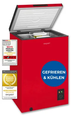 Produktbild von Exquisit Gefriertruhe, Kombigerät, 99 Liter, Tiefkühltruhe, Kühlen, 4-Sterne-Gefrieren, Gefriertruhe klein, Toplader, Gefrierkorb, GT100-050E rot