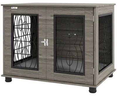 Image de Cage pour chien avec coussin et espace de rangement | Couleur : Gris/Décor bois | Dimensions : 56 x 80 x 63 cm