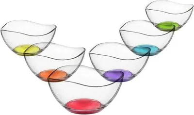 Produktbild von Unyqoos® LAV Vira 6‑teiliges Glasschüssel-Set mit farbigen Basen, 6 Schalen 310 ml (Ø 120 × H 60 mm), Glas, spülmaschinenfest, lebensmittelecht, hergestellt in der Türkei