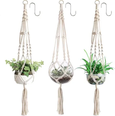 Immagine prodotto di Set da 3 vasi sospesi in macramè con corda di cotone: supporti per vasi da fiori e piante, da appendere per interni ed esterni e da soffitto