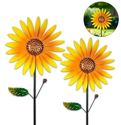 Produktbild von Sonnenblumen Windspiel Metall 2er Set – 160cm hoch wetterfest Ø23,5 & 33cm | Für Garten Terrasse Balkon Dekoration
