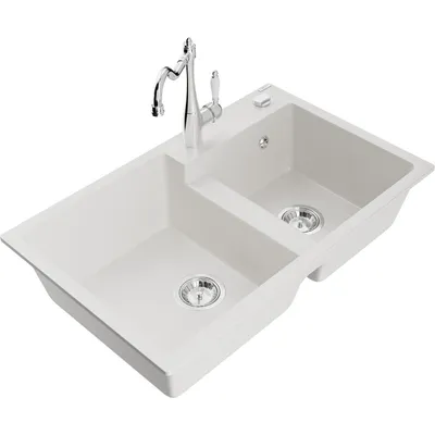 Obrázok produktu pre Mexen Tomas granitový dvojkomorový drez s kuchynskou batériou Carla, Biela - 6516-20-670700-00