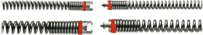 Four drain cleaning augers are shown laid out horizontally against a white background. Two are on the top row, and two are on the bottom row. Each auger is a coiled metal spring with a red band and a metal connector at one end.