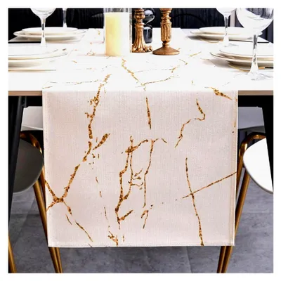 Produktbild von Tischläufer Modern Weiß Gold Marmor Textur Abstrakt Abwaschbar Outdoor Frühling Landhausstil Vintage Bauernhaus Rechteckige Tischdecke Küche Tisch Läufer Party Deko 40x140 cm