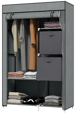 Produktbild von Stoffschrank, Faltschrank mit Schubladen, Kleiderschrank mit Kleiderstange Grau