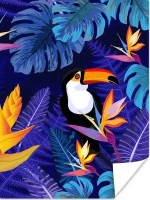 Produktbild von MuchoWow® Poster Dschungel - Tukan - Blumen - Pflanzen - Kinder - Lila - Tiere 120x160 cm - Wandbilder