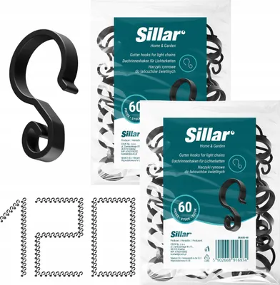 Two packages of Sillar gutter hooks for light chains are shown, along with a single hook and a decorative arrangement of hooks forming the numbers '120'.