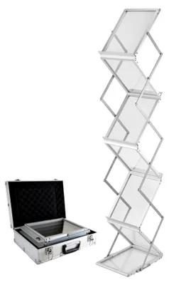 Produktbild von Prospektständer A4 mit 6 Fächern, tragbar und faltbar für Kataloge und Zeitschriften, inklusive Aluminium-Tragetasche für Messen und Büros