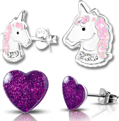 Produktbild von 2x Kinder Ohrringe Echt 925 Silber Pferde Einhorn Mädchen Ohrstecker Herz Edelstahl K207+K296