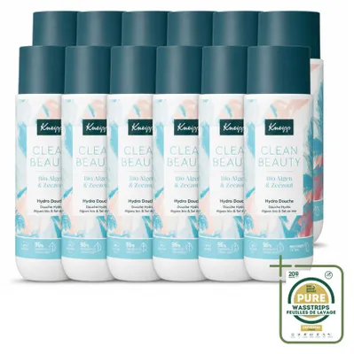 Imagen del producto de 12 unidades de gel de ducha Kneipp Clean Beauty, con algas y sal marina, de 200 ml cada uno. Pack ahorro