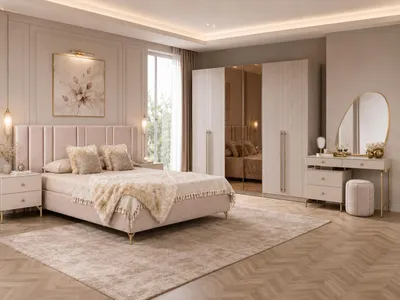 Produktbild von Schlafzimmer Set Bettanlage Kleiderschrank Schminkplatz Modern Beige