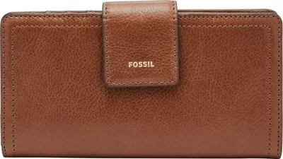 A close-up, front-facing view of a brown leather Fossil wallet.