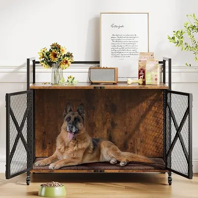 Image de Cage pour chien, caisse de transport pour chien en métal et en bois, cabane pour chien avec 2 portes, grand espace de rangement sur le dessus, chenil moderne, robuste, adapté aux petits, moyens et grands chiens, dimensions : 52 x 79 x 73 cm