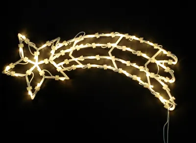 A decorative shooting star light display with white LEDs against a black background.