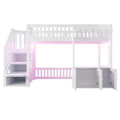 Produktbild von Flieks Etagenbett 90x200cm mit 2 Schrank, Kinderbett Hausbett mit Led und Stauraumtreppe, Hochbett Einzelbett mit Rausfallschutz, Weiß