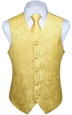 Productafbeelding van Herenset: Vest, stropdas en zakdoek, jacquard, bloemenmotief, goud/lichtgeel, maat 4XL