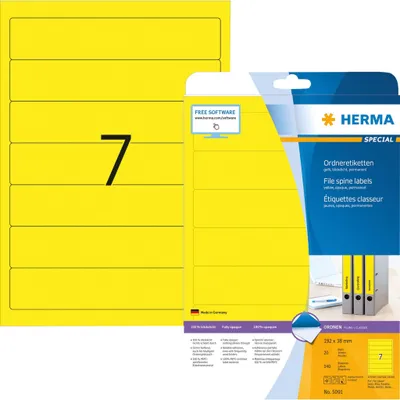 Produktbild von HERMA Ordneretiketten A4 192x38 mm gelb Papier matt blickdicht 140 St., Gelb, Selbstklebendes Druckeretikett, A4, Papier, Laser/Inkjet, Permanent