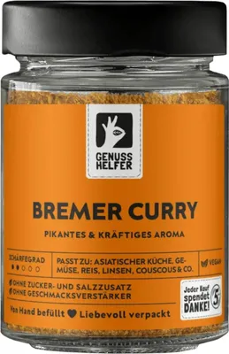 Produktbild von Bremer Curry, pikant, originales Rezept, aromatische Würze zum Kochen, perfekt für Soßen und Dips, 90g im Glas