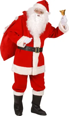 A person dressed as Santa Claus holding a sack and a bell.