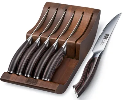 Imagen del producto de Juego de cuchillos para carne HOSHANHO, 7 piezas, juego de cuchillos para carne de 12 cm con bloque – tamaño 12 cm