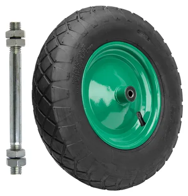 Image de Roue de rechange GARRONDA pour brouette 4.80/4.00-8 Roue de brouette Ø 390 mm Pneu à air 4PR Pneu jusqu'à 120 kg avec axe Jante en acier Roulement à billes pour brouette de jardin, de cour ou de chantier GD-0163, noir-vert