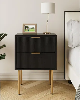 Image de Table de nuit noire avec 2 tiroirs, Table de nuit moderne en noir et or