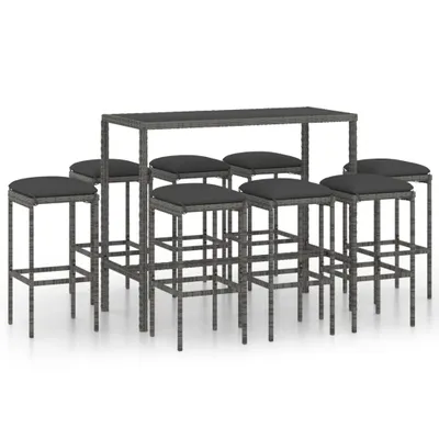 Immagine prodotto di set bar da giardino 9 pezzi con cuscini in poly rattan grigio