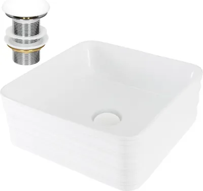 Obrázek produktu pro LuxeBath umyvadlo Čtvercové umyvadlo na desku, 39x39x15 cm, bílé, keramické, včetně odtokové soupravy bez přepadu