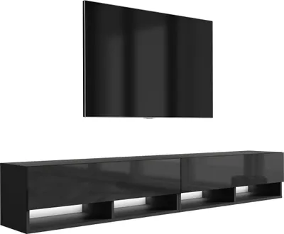Obrázek produktu pro Nízká TV deska 200 (2 x 100) cm matná černá / lesklá černá, bílá LED, 200 × 32 × 34 cm