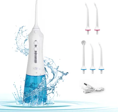 Produktbild von Kabellose Munddusche 3 Modi mit 5 Duesenspitzen Professioneller 300 ml Wassertank Schnurlose Munddusche Tragbarer Zahnreiniger fuer zu Hause Reisespangen Zahnfleischpflege