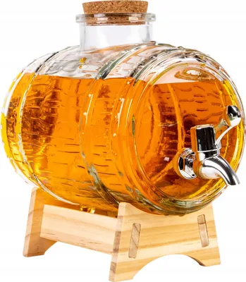 Zdjęcie produktu dla SuperButelki - Beczka szklana 2l, z kranikiem, korek i stojak, żłobiona, na wódkę, bimber, alkohol, drinki, beczułka na napoje, antałek, prezent