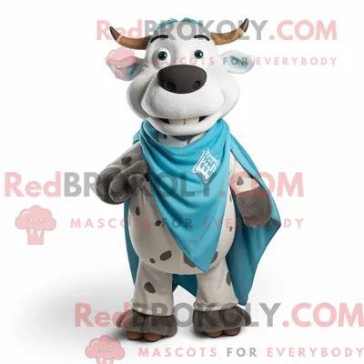 Produktbild von Maskottchen REDBROKOLY einer türkisfarbenen Hereford-Kuh mit V-Ausschnitt-T-Shirt und Schalkragen
