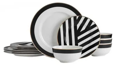Produktbild von Mikasa Luxe Deco Geschirr de Porzellan de 12 Teile, Service für 4 mit geometrischem Druck, 4x Speiseteller, 4x Dessertteller & 4x Schalen - Spülmaschinenfest