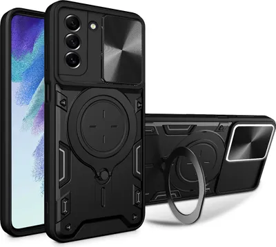 Immagine prodotto di Custodia per Samsung Galaxy S21 FE 5G a doppio strato con copertura della fotocamera e supporto ad anello nero