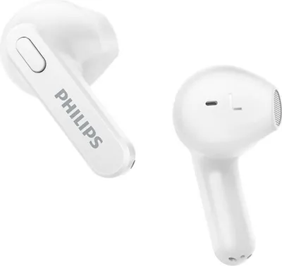 Two white Philips in-ear wireless earbuds are shown against a white background.