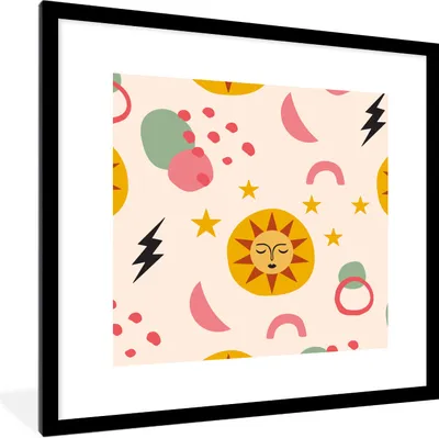 Produktbild von MuchoWow® Gerahmtes Poster Sonne - Mond - Muster 40x40 cm - Poster mit Schwarzem Bilderrahmen Wandposter Rahmen Foto Bilder - Poster - Plakat im Rahmen