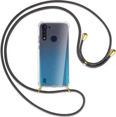 Produktbild von Handykette Backcover-Schutzhülle mit Band (Metall goldfarben) für Motorola Moto G8 Power Lite - dunkelgrau