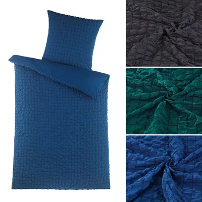 Produktbild von Seersucker Bettwäsche 135x200 cm Mikrofaser Bettbezug Streifen Kariert Struktur Blau 2-teilig