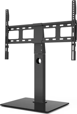 A black TV stand base with a vertical support and a mounting bracket for a television.