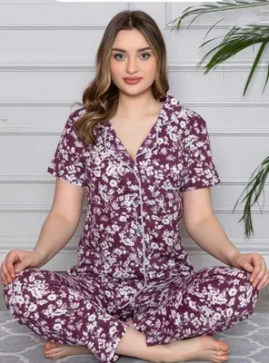 Produktbild von Damen Pyjama Schlafanzug Kurz Lila XL Viskose mit Knöpfen 2 Teiler L-80