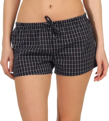Produktbild von Edle Damen Shorty Schlafanzughose im Karomuster, kurze Schlafhose Pyjamahose Shorts ; schwarz , 44