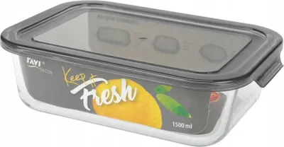 A glass food container with a gray lid, featuring a label with text and graphics.