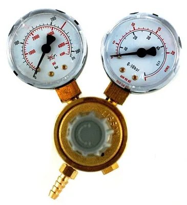 A close-up studio shot of a gas pressure regulator with two gauges.