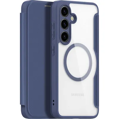 A blue and clear phone case with a magnetic ring on the back.
