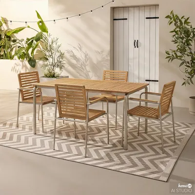 Produktbild von home24 Gartenessgruppe - 5-teilig - Teak Massiv / Edelstahl - Teak / Silber