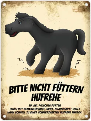 Produktbild von Metallschild mit schwarzes Pferd Motiv und Spruch: Bitte nicht füttern - Hufrehe