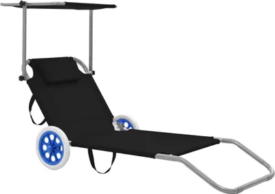 Image de Chaise longue pliable avec auvent et roues Acier Noir
