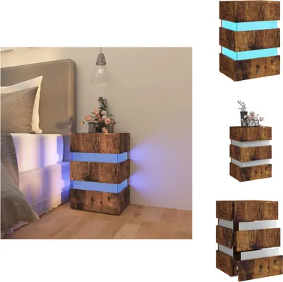 A collage of images showing a wooden bedside table with LED lighting, presented in different angles and contexts.