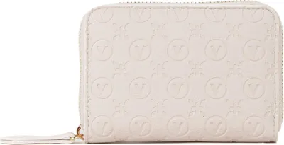 A close-up, front-facing studio shot of a cream-colored wallet with an embossed pattern.