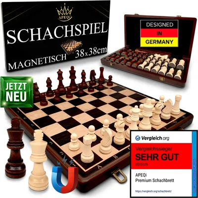 Produktbild von APEQi® Premium Schach MAGNETISCH - Schachspiel Holz hochwertig [38x38cm], Massivholz, 2 Extra-Damen, Geschenkidee - klappbares Schachbrett aus Holz